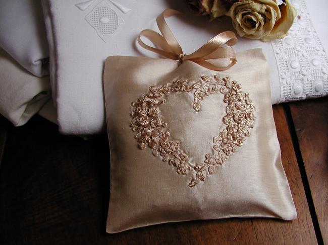 Luxureous silk lavander sachet with hand-embroidered ribbon heart , ecru color