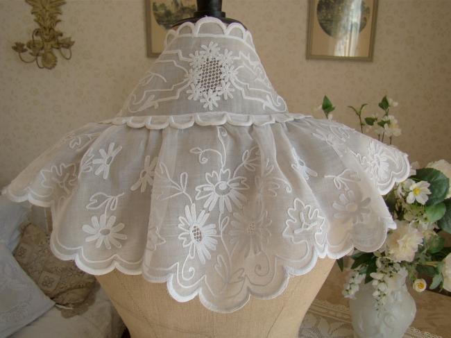 Gorgeous large hand-embroidered collar with festoons and drawn thread work