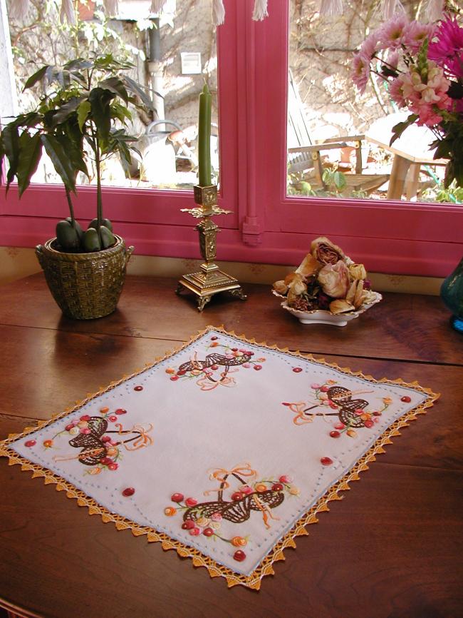 Lovely table centre with hand-embroidered baskets of flowers 1930