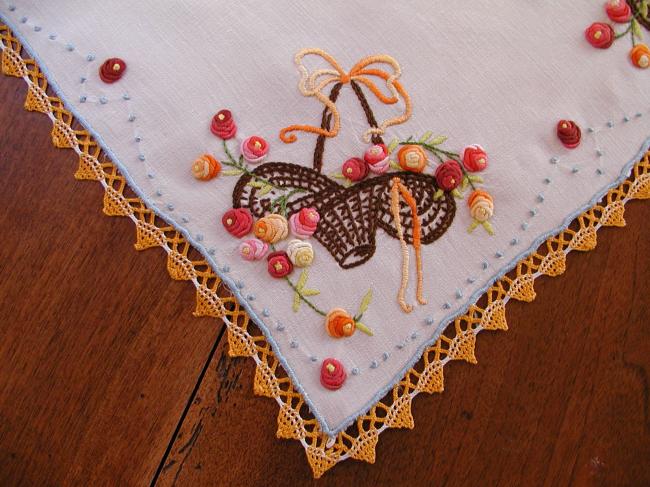 Lovely table centre with hand-embroidered baskets of flowers 1930