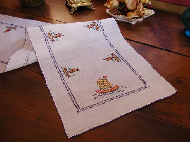 Lovely pinã table runner with hand-embroidered indochineese boats