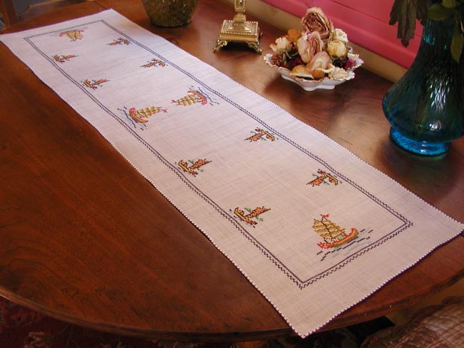 Lovely pinã table runner with hand-embroidered indochineese boats