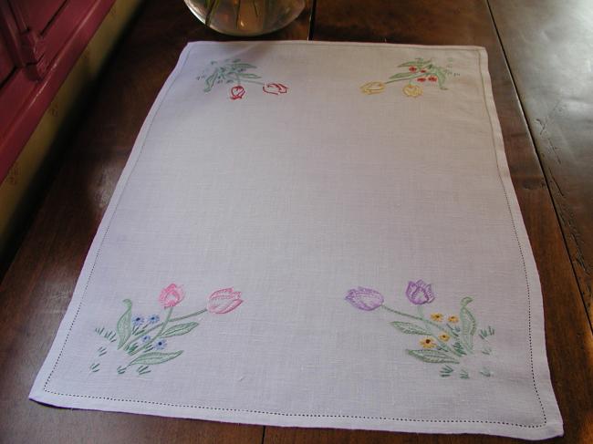 So sweet tray cloth with hand-embroidered colorful  tulips