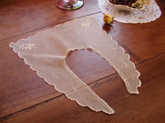 Gorgeous collar in embroidered net with hand-embroidered flowers 19th century
