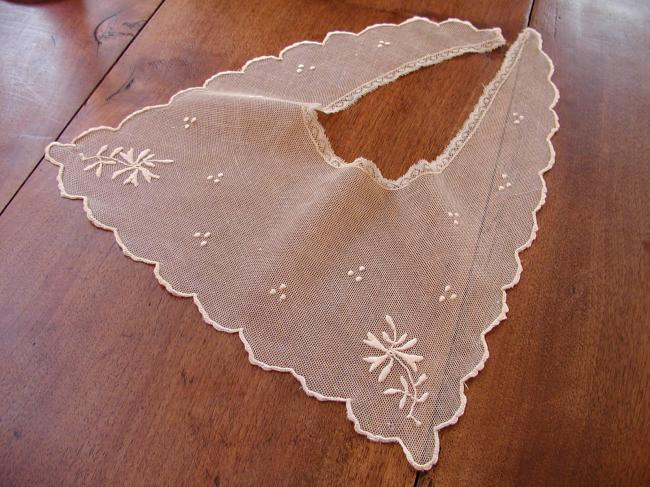 Gorgeous collar in embroidered net with hand-embroidered flowers 19th century