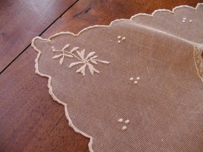 Gorgeous collar in embroidered net with hand-embroidered flowers 19th century