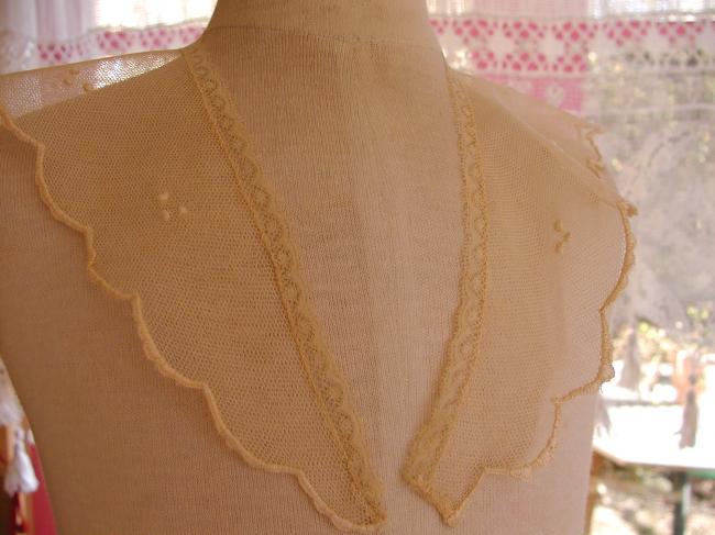Gorgeous collar in embroidered net with hand-embroidered flowers 19th century