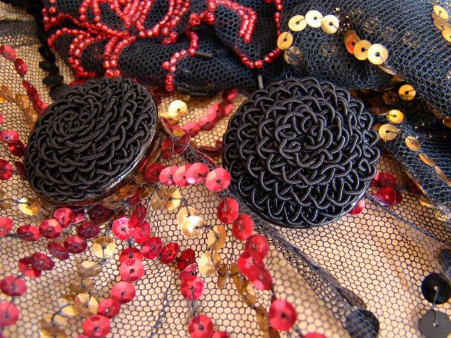 Magnifique gros bouton ancien en passementerie noire 1920, 38mm