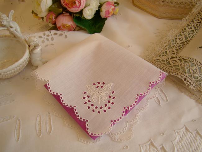 Superb handkerkief with hand-embroidered butterfly and broderie anglaise