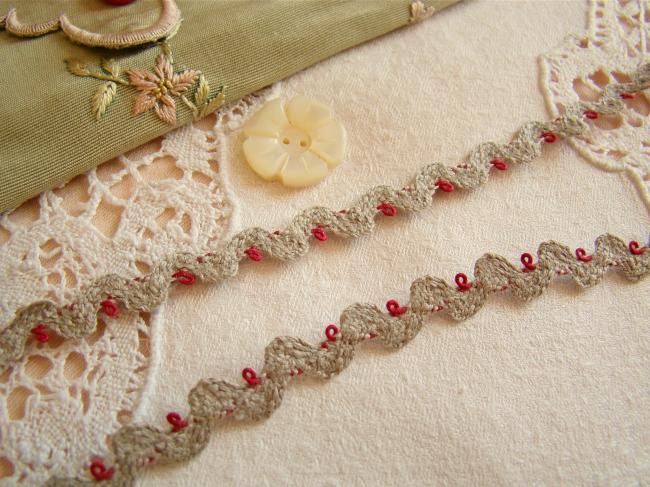 Superbe serpentine en lin naturel et coton, bouclette rouge, 10mm