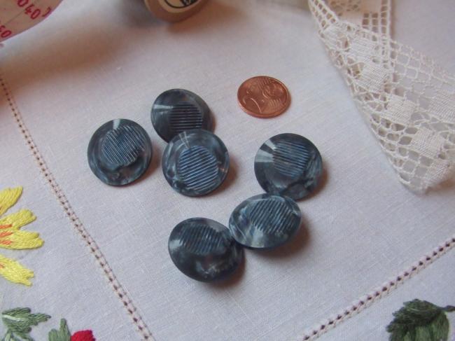 Jolie série de 7 boutons ronds en galalithe bleu marbrés et striés