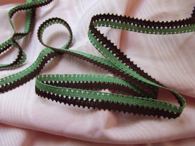 Charmante dentelle mécanique à picots en coton perlé chocolat et vert tilleul