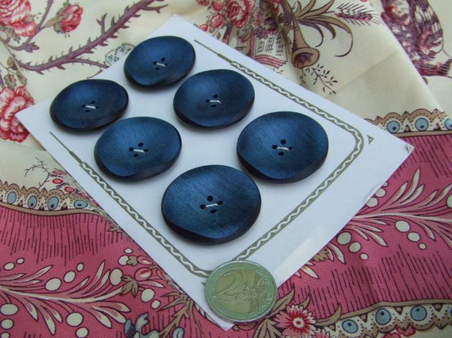 Carte de 6 gros boutons ronds, imitation bois, couleur bleu de Prusse, 1940-50