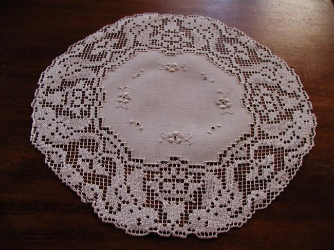 Gorgeous set of eight linen doilies with hand worked filet lace.