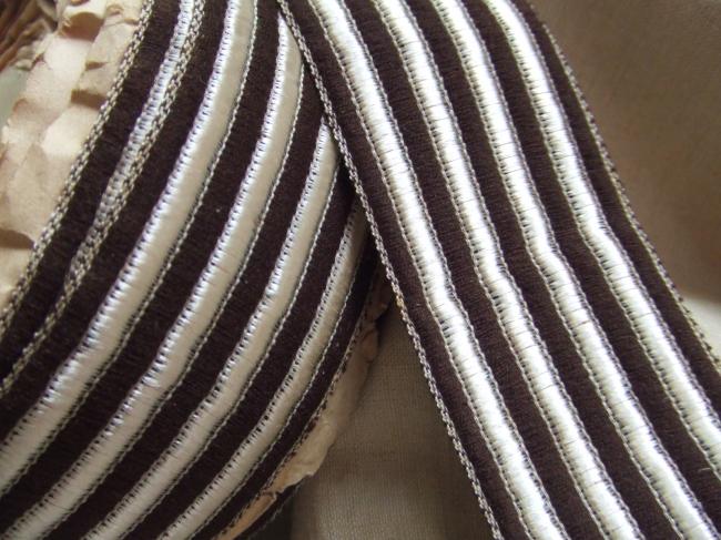 Superbe ruban laine et soie rayée, couleur chocolat & ivoire pour chapeau ancien