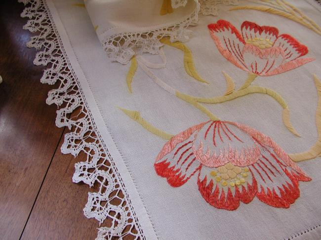 Stunning and huge table runner with embroidered Art Nouveau style tulips