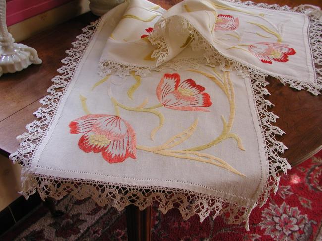 Stunning and huge table runner with embroidered Art Nouveau style tulips