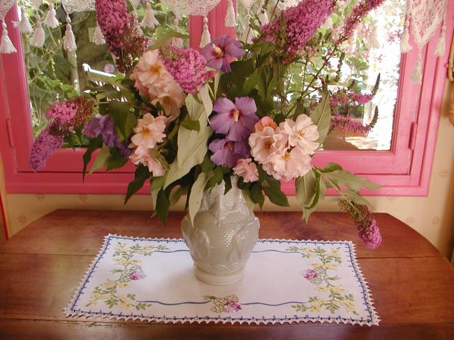So pretty small table runner with embroidered mimosa and bouquets of violets