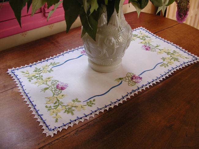 So pretty small table runner with embroidered mimosa and bouquets of violets