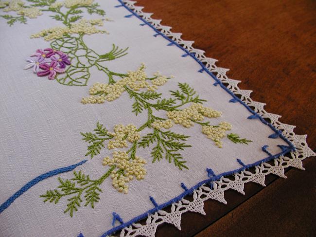 So pretty small table runner with embroidered mimosa and bouquets of violets