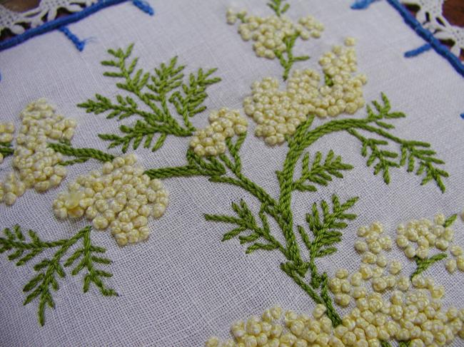 So pretty small table runner with embroidered mimosa and bouquets of violets
