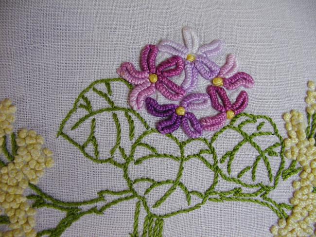 So pretty small table runner with embroidered mimosa and bouquets of violets
