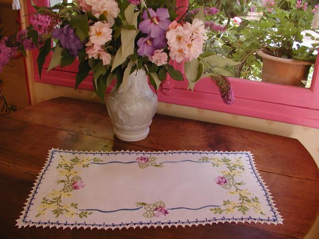So pretty small table runner with embroidered mimosa and bouquets of violets