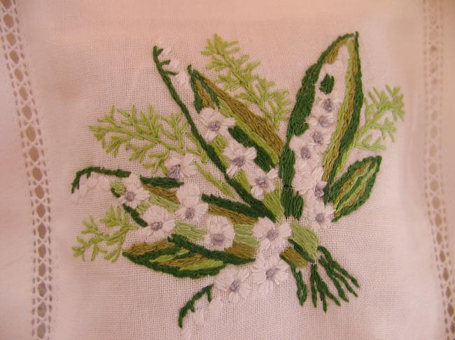 Sweet lavender sachet with hand-embroidered bouquet of lily of the valley
