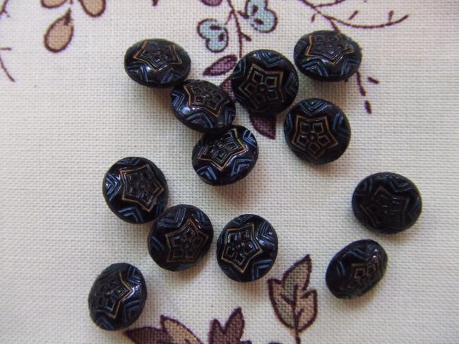 Belle série de 12 minis boutons en opaline noire, décor étoiles peints à la main