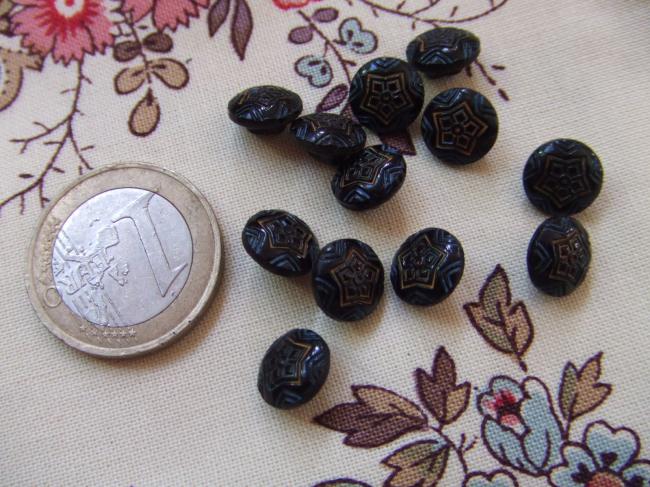 Belle série de 12 minis boutons en opaline noire, décor étoiles peints à la main