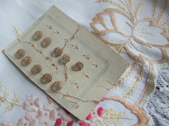 Merveilleuse série de 10 minis boutons en verre peint de fleurs d'or 1900
