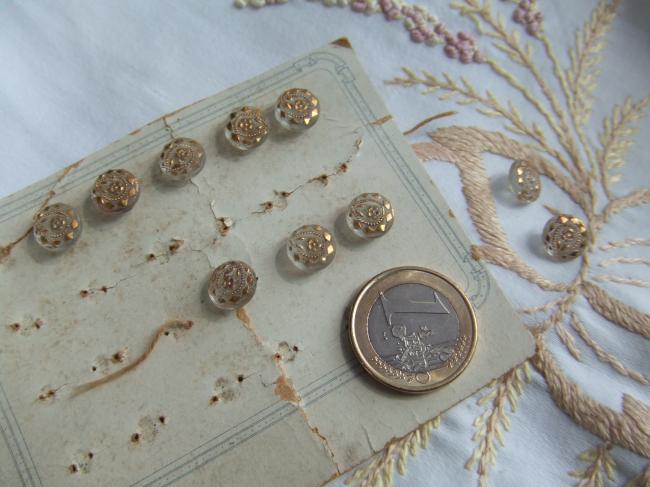 Merveilleuse série de 10 minis boutons en verre peint de fleurs d'or 1900