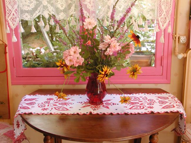Stunning long crewel hand-embroidered table runner