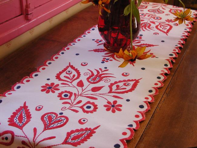 Stunning long crewel hand-embroidered table runner