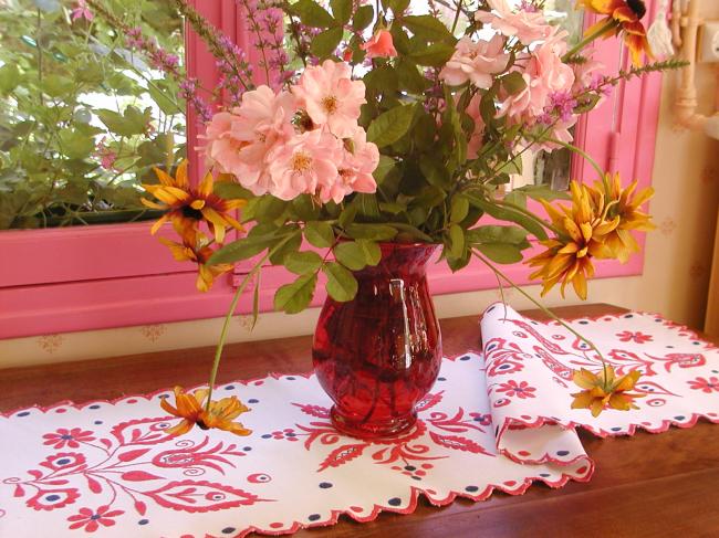 Stunning long crewel hand-embroidered table runner