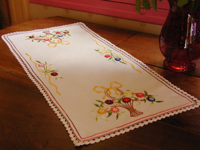 Adorable table runner with colourful hand-embroidered baskets of flowers