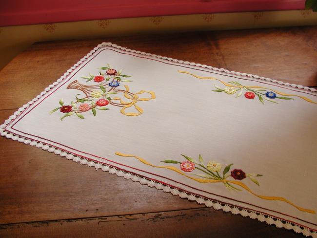 Adorable table runner with colourful hand-embroidered baskets of flowers