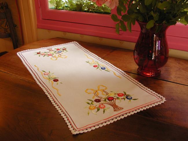 Adorable table runner with colourful hand-embroidered baskets of flowers