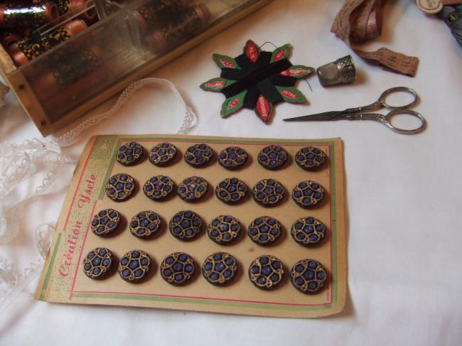 Superbe série de 24 boutons bleu& marron,  imitation passementerie, peints doré