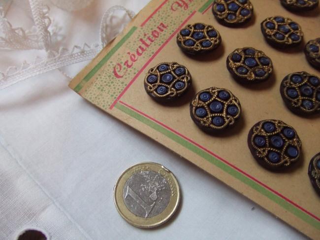 Superbe série de 24 boutons bleu& marron,  imitation passementerie, peints doré