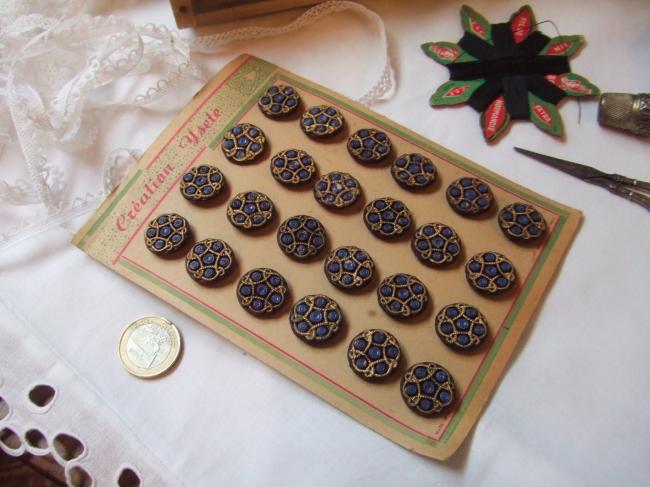 Superbe série de 24 boutons bleu& marron,  imitation passementerie, peints doré