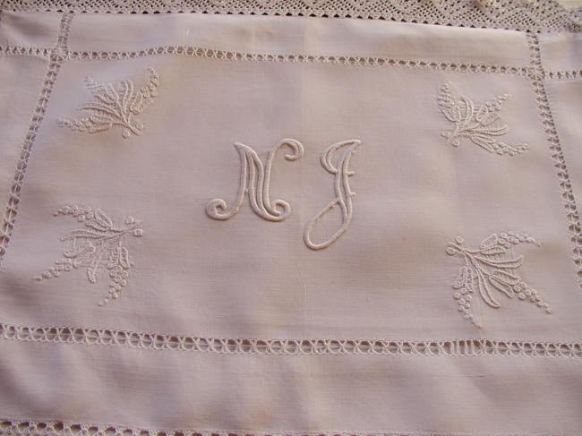 Charming night case with drawn thread and white embroidery
