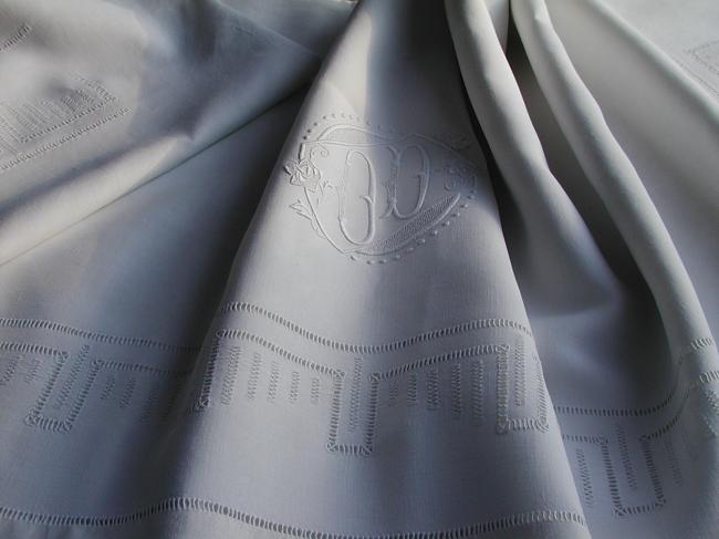 Such a lovely linen sheet with hand-embroidered monogram OD& drawn thread rivers