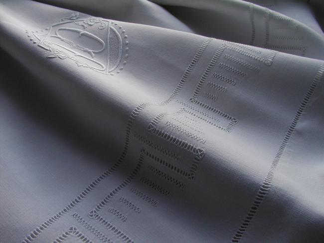 Such a lovely linen sheet with hand-embroidered monogram OD& drawn thread rivers