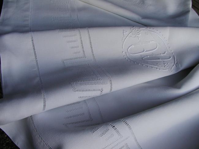 Such a lovely linen sheet with hand-embroidered monogram OD& drawn thread rivers