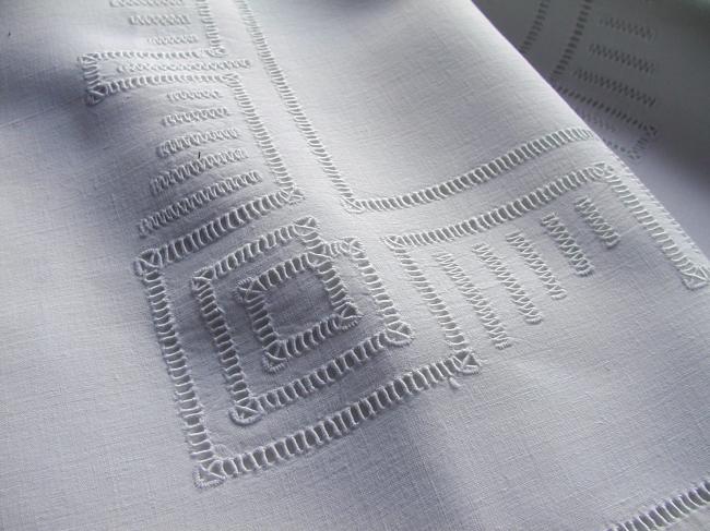 Such a lovely linen sheet with hand-embroidered monogram OD& drawn thread rivers