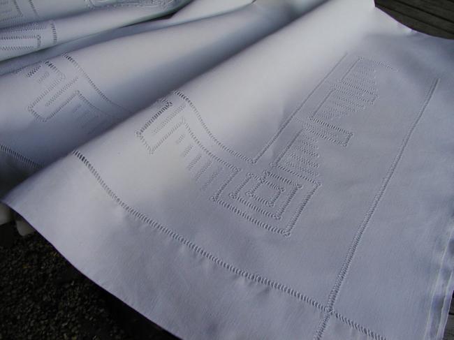 Such a lovely linen sheet with hand-embroidered monogram OD& drawn thread rivers
