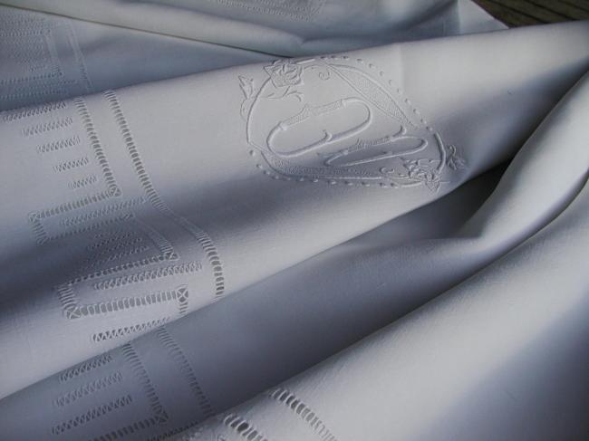 Such a lovely linen sheet with hand-embroidered monogram OD& drawn thread rivers