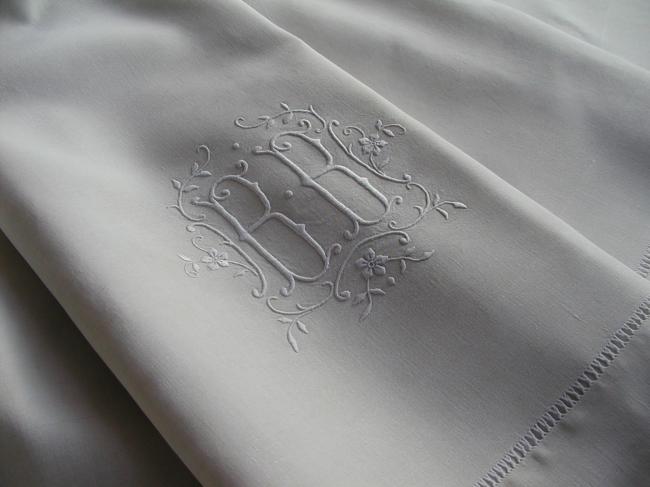 Superb pure linen sheet with  large monogram BB and drawn thread river