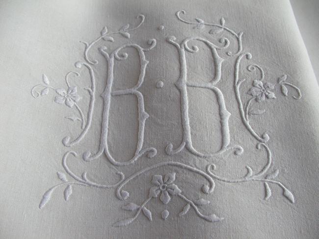 Superb pure linen sheet with  large monogram BB and drawn thread river